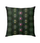 Vibrant Sunburst Pattern Outdoor Pillow on Garden Bench